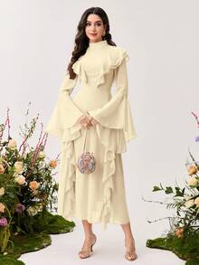 Modelyn 女士荷叶边喇叭袖长款修身连衣裙 - 黃色 - 查看 7