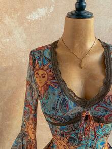 Váy ngắn in họa tiết Bohemian cổ điển dành cho nữ Soleia, cổ chữ V, viền ren hoa, tay dài, bo gấu không đều, váy đi nghỉ chữ A in họa tiết lưới, váy dự tiệc, đêm hẹn hò, bộ thời trang ôm sát gợi cảm, kỳ nghỉ du thuyền, kỳ nghỉ bãi biển, lễ hội âm nhạc, váy đi nghỉ Boho, phù hợp với mọi mùa - Nhiều màu - Xem 4