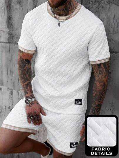 Manfinity CasualCool Men's Contrast Trim Short Sleeve T-Shirt And Shorts Set All White 2 Piece Set Men 2 Piece Summer Set Men Manfinity Men Short Set