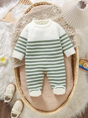 SHEIN 1pc Newborn Striped Crew Neck Long Sleeve Romper, Casual & Minimalist Design