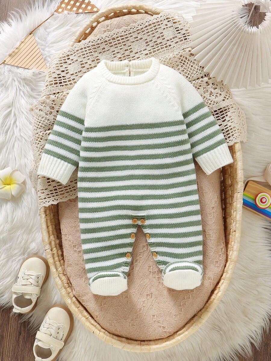 SHEIN 新生儿条纹圆领长袖连体衣一件，休闲简约设计 - 綠色 - 查看 1