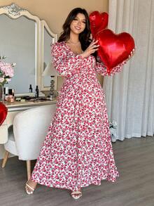 Vionelle Große Größen Damen Französischer Stil elegantes V-Ausschnitt Langarm Taille Raffung Blumen Valentinstag Kleid Kirschprint Kleid Maxi Blumenkleid V-Ausschnitt Maxi Kleid Langarm Blumenkleid Blumenkleid Damen Damen Blumenkleid Sommer Langes Kleid Blumen Wickelkleid - Verschiedenfarbig - Übersicht 3