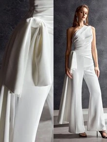 MOTF Soiréza ASYMMETRIC ONE SHOULDER ELEGANT BOWKNOT FLARED JUMPSUIT, SUITABLE FOR BANQUET, PARTY, WEDDING