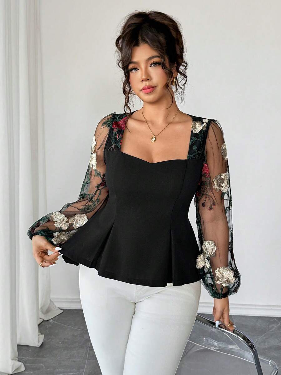 Elenzga 男士加大码短袖衬衫，优雅针织面料，网眼拼接，花卉刺绣，修身剪裁，适合办公室、下午茶等场合穿着。 - 黑色 - 查看 1