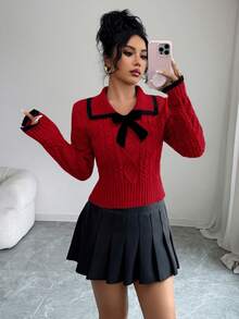 SHEIN Elenzya 女士复古扭结麻花水手领蝴蝶结短款毛衣，秋冬款 - 紅色 - 查看 6