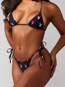 Missguided x Playboy Conjunto de bikini triangular con estampado de conejo, con cuello de halter y lazos laterales, traje de baño de dos piezas para playa y vacaciones de verano - Multicolor - Ver 6