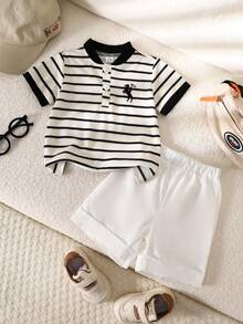 SHEIN Playful Pals 男婴休闲条纹印花Polo衫套装 - 黑與白 - 查看 7