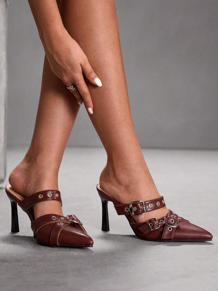 CUCCOO SZL Women's Pointed Toe Buckle Design Everyday Versatile Fashion Mule High Heels For Christmas
