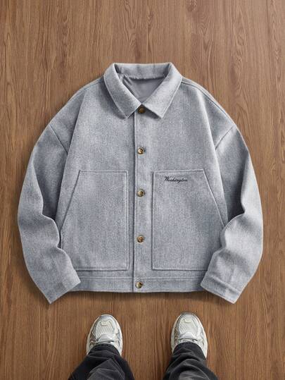 EASEVO Plus Size Casual Solid Color Minimalist Daily Wear Long Sleeve Wool Blend Jacket Men Jacket Work Jacket Loose Fit Jacket