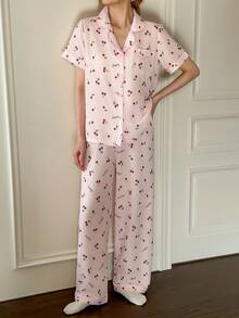 SHEIN Napfluff 樱桃印花翻领短袖睡衣套装 - 粉色 - 查看 6