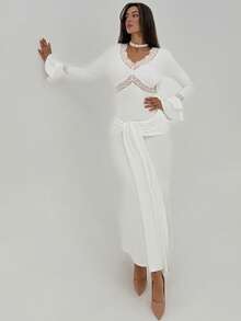 Aloruh Vestido de festa branco elegante, modelo sereia com decote em V profundo e mangas flare vazadas para mulheres. - Branco - Ver 9