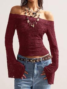 Bohemela 波西米亚复古休闲纯色针织蕾丝露肩喇叭袖修身女式上衣 - 酒紅色 - 查看 5