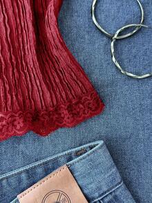 少女红色针织纹理吊带背心，蝴蝶结蕾丝款式，适合夏季、返校、度假、日常休闲穿着 - 紅色 - 查看 6