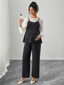 SHEIN Maternity Round Neck 2 In 1 Beaded Decor Long Sleeve Top And Wide Leg Pants Casual Outfit - Black - View 6