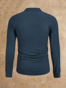 Manfinity BRENVOR 男士休闲罗纹针织系带立领长袖 T 恤，夏季，秋季 - 藍色 - 查看 2