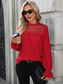 SHEIN LUNE 女士休闲波点蕾丝拼接长袖衬衫，百搭日常穿着，春夏红色上衣，情人节外出必备。 - 紅色 - 查看 5