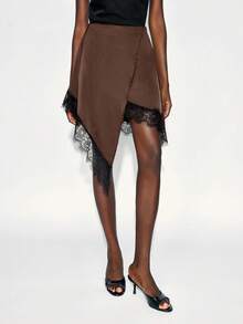 Maija 女士不对称蕾丝边半身裙，时尚百搭，适合都市通勤、商务休闲、办公室穿着、教师装扮，也适合圣诞节、新年派对、婚礼宾客等场合。 - 棕色 - 查看 3