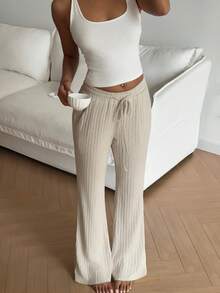 FavEase 女士纹理针织喇叭裤，带口袋和松紧腰带 - 杏色 - 查看 4