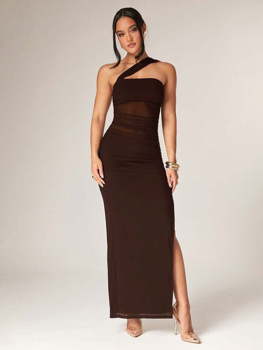 Silquee Women's Solid Color Sleeveless Ruched Side Slit Hem Fitted Dress - Coffee Brown - View 1