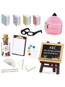 14pcs/Set Realistic Miniature Backpack Combo Set, 1:12 Scale Mini School Supplies Micro Model, Creative Tiny Stationery, Includes Mini Backpack, Glasses, Mini Chalkboard Books, Notepad Clip, Pencil Best Gifts Birthday Graduation - Multicolor - View 1