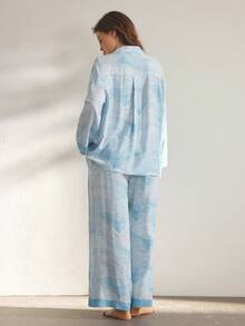 Ocili 大码女式舒适几何山纹图案翻领宽松长袖上衣和裤子睡衣套装，自然色，冬季服装 - 藍色 - 查看 3