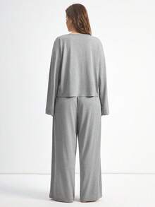 Ocili 女士加大码两件套舒适柔软竹纤维针织圆领长袖上衣和裤子睡衣套装，夏季、秋季、冬季服装 - 灰色 - 查看 3