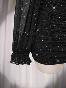 SHEIN ICON 加大码黑色Y2K性感灯笼袖露肩褶皱连衣裙，节日装扮，派对礼服，波西米亚风连衣裙 - 黑色 - 查看 8