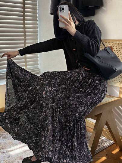 DAZY Women's Floral Print Chiffon Skirt With Pleated Hem, Casual Vacation Style, Suitable For Spring, Summer, Autumn