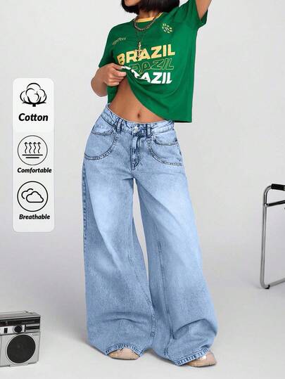 SHEIN PETITE Petite Low Waist Vintage Wash Wideleg Jean Jeans Wide Leg Baggy Jeans Y2k Women Jeans Baggy Low Rise Jeans Y2k Loose Jeans