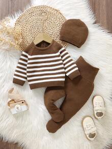 SHEIN 3pcs Newborn Baby Striped Sweater Set, Casual Pullover Sweater, Simple Leggings, And Hat - Coffee Brown - View 7