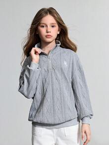 Ontre Tween Girl Embroidered Pattern Loose Fit Knit Sweatshirt, Gray - Grey - View 1