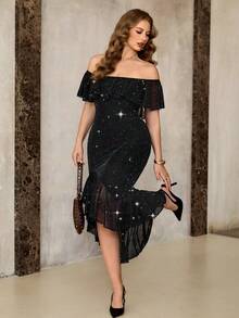 Roveilla 大码女装新款优雅浪漫连衣裙，生日礼服，派对礼服，晚礼服，裹身紧身连衣裙，冬季派对圣诞礼服，露背连衣裙，露肩连衣裙 - 黑色 - 查看 5