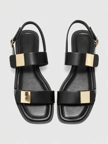 CUCCOO BIZCHIC Women's Fashionable Minimalist Gold Decor Backstrap Flat Sandals, Versatile For Summer - Black - View 2