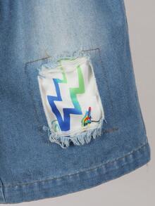 SHEIN 2pcs Set:White Printed Shirt And Distressed Denim Shorts For 4-7 Years Old Boys,Graffiti Design With Summer Stylish Wash Technique,Holiday Outfits - White - View 6
