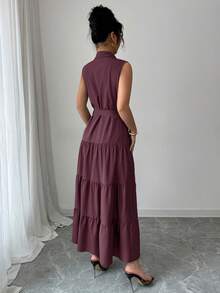 Elenzga Women's Solid Color Single-Breasted Ruffle Hem Sleeveless Shirt Dress - Red Violet - View 2
