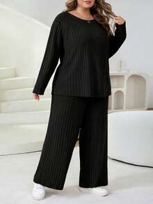 SHEIN CURVE+ Bộ đồ hai mảnh gồm áo phông và quần dài cỡ lớn dành cho nữ, Bộ đồ hai mảnh thường ngày/2026/Năm mới - màu đen - Xem 6