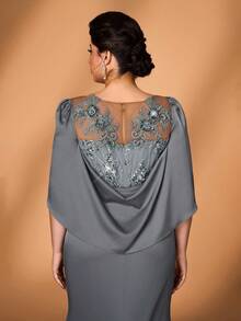 Serin Elegantes, luxuriöses Meerjungfrauenkleid in Grau-Grün mit bestickter Spitze, Pailletten-Patchwork, elastischem Satinrüschenärmel, geeignet für Hochzeit, Party, Urlaub, Abschlussball, Abendrobe, Brautmutter - Grau - Übersicht 5