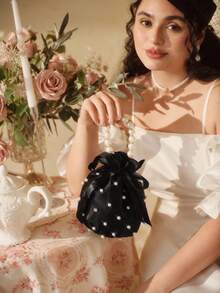 SHEIN MOD Mini Faux Pearl & Rhinestone Decor Bucket Bag Fashion Luxury Chic Mini Pearl Handle Bucket Shape Shoulder Bag Pearl Beaded Evening Handbag Custom Logo Purse - Black - View 4