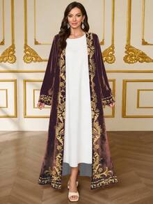 SHEIN Najma 女士马拉喀什图案叶子印花长袖优雅丝绒长袍，适合春秋季穿着 - 彩色 - 查看 2