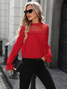 SHEIN LUNE 女士休闲波点蕾丝拼接长袖衬衫，百搭日常穿着，春夏红色上衣，情人节外出必备。 - 紅色 - 查看 4