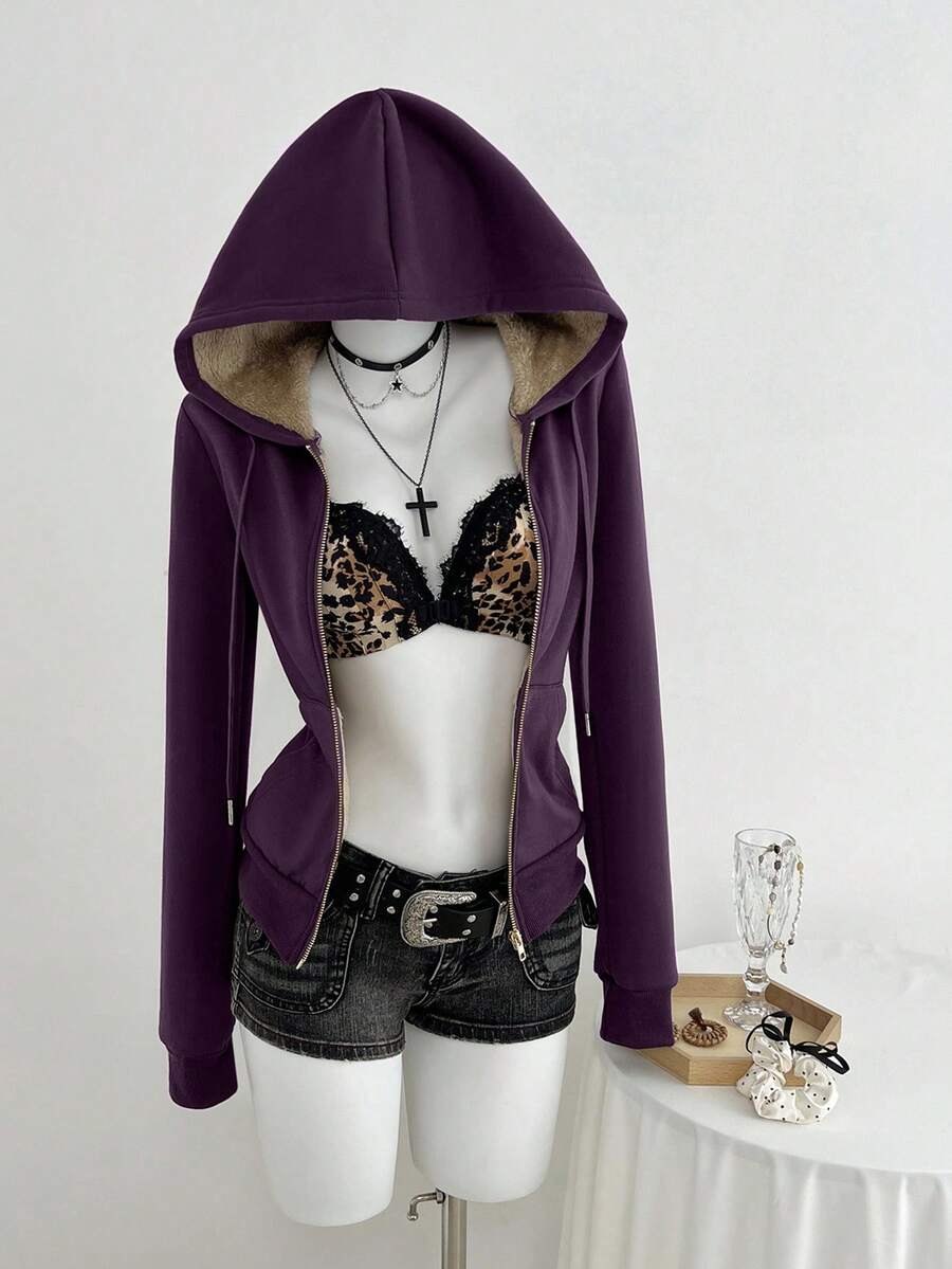 Elamini 女士修身复古风针织弹力连帽保暖长袖口袋卫衣 - 紫色 - 查看 1