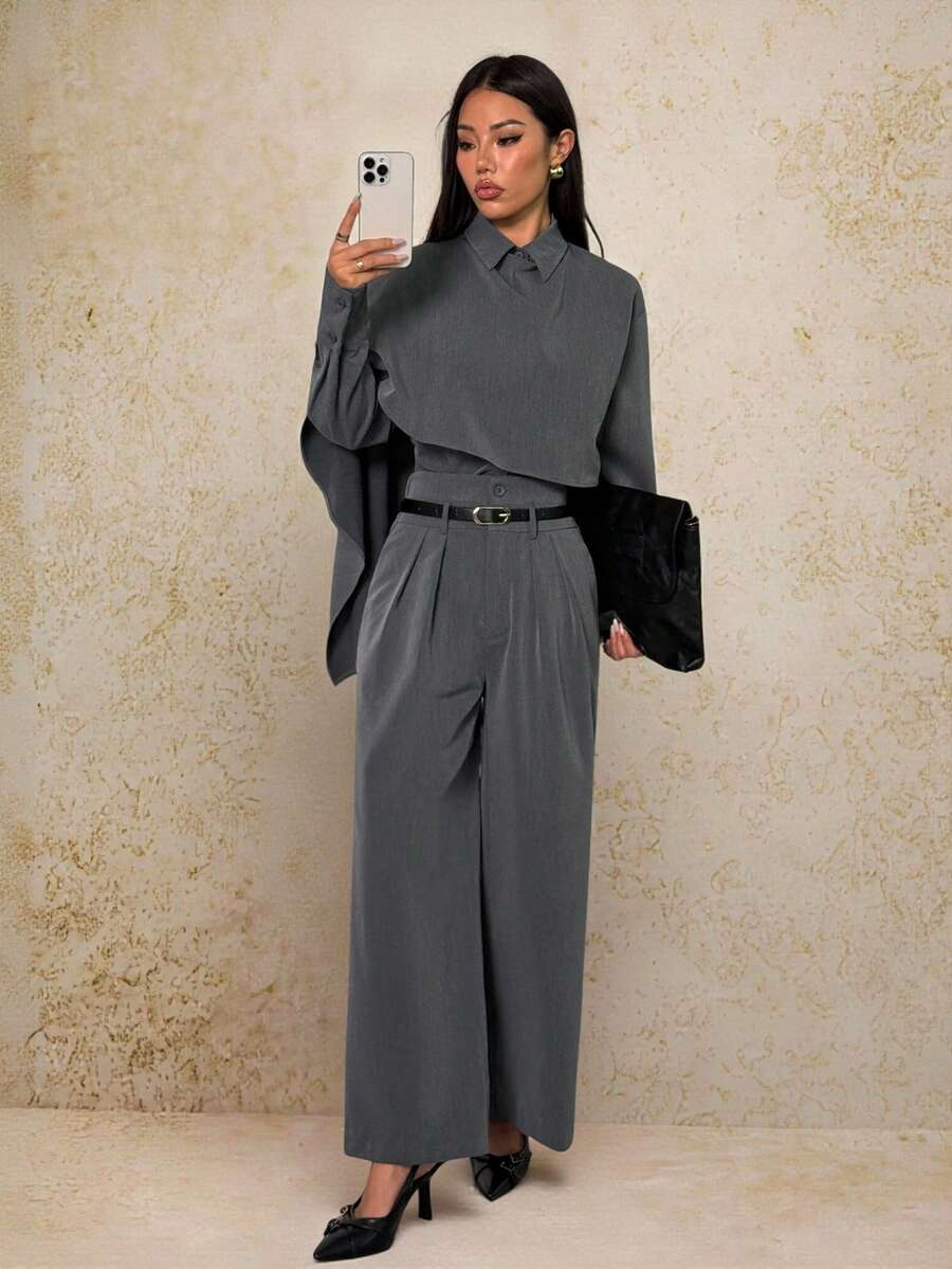 SHEIN PETITE 2pcs Women's High Waist Cinched Waist Trench Coat & Midi Dress Suit, Elegant British Style For Commuting, Autumn/Winter - Grey - View 1