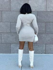 Alexandranx 高领长袖修身罗纹针织迷你毛衣裙，优雅性感街头风，适合秋季、夜晚外出、冬季、圣诞派对、感恩节等场合。 - 淺灰色 - 查看 2