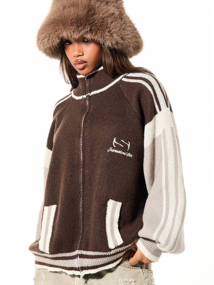 SUMWON Knitted Oversized Star Intarsia Zip Through Bomber Cardigan With Ribbed Cuffs And Waistband For Fall Winter