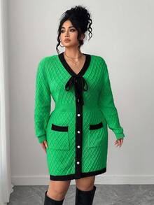 Elenzga Gaun Sweater Rajut Warna-warni Elegan untuk Wanita Ukuran Plus, Model Ikat Depan, Musim Gugur/Dingin - Hijau - View 5