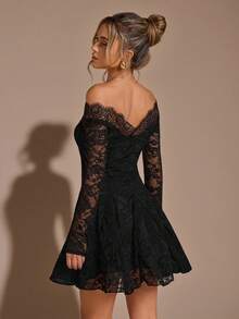 SHEIN BAE 黑色蕾丝露肩修身迷你连衣裙，优雅性感女士长袖蕾丝连衣裙，黑色蕾丝连衣裙，优雅小黑裙 - 黑色 - 查看 2