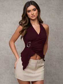 SHEIN BAE 这款棕色不对称下摆金属扣装饰性感女式上衣，适合日常外出、通勤休闲、下午茶聚会、夏季穿着、乡村音乐会等场合，也可作为露背上衣。 - 紫紅色 - 查看 3