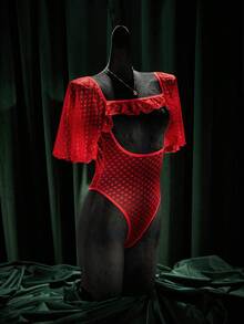 SpicyHot 1 bộ đồ liền thân hở lưng phối lưới ren hình trái tim ngày lễ tình nhân - Đỏ - Xem 6