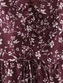 EMERY ROSE Damen Große Größen Blume Muster V-Ausschnitt Puffärmel Rüschensaum Kordelzug Taille Elastisch Vintage Kleid, Frühling/Sommer - Verschiedenfarbig - Übersicht 4