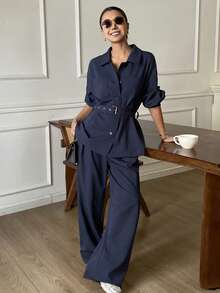 DAZY Bộ đồ mặc nhà mùa Thu/Đông dáng rộng, chất liệu denim giả cổ, màu gốc đã qua xử lý, gồm áo khoác và quần ống thẳng, kèm thắt lưng, dành cho nữ. - Màu xanh lam - Xem 6